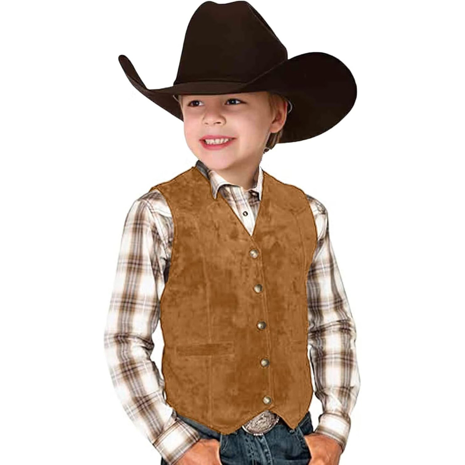 BOOMNY Retro Boys CowBoys Vest Suede Leather Style V Neck Casual Western Vest Vintage Waist Coat Cozy Toddler Baby Dailywear